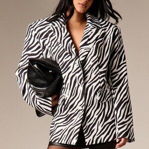 Black And White Casual Women's Oversized Zebra Print Blazer